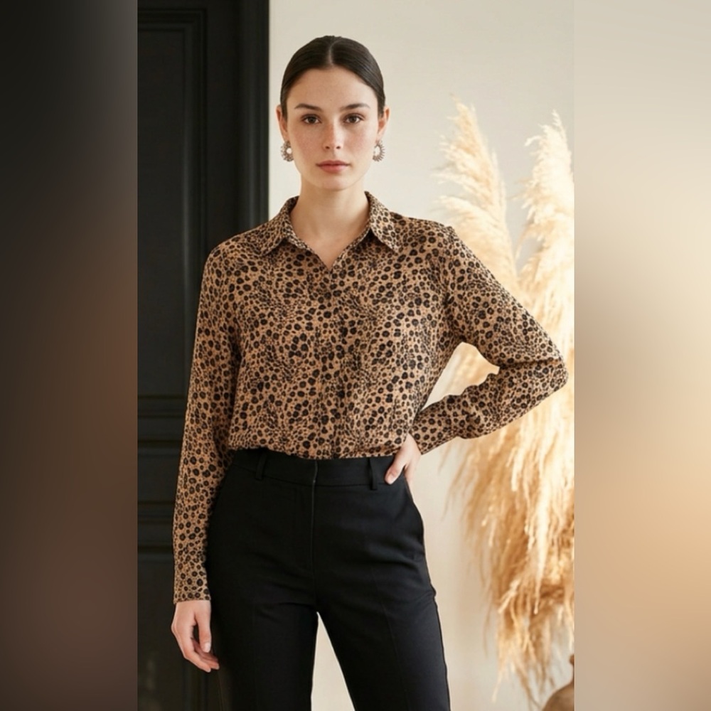 Allison Taylor 100% Silk Blouse Vintage Y2K S Top Button Animal Print Small 4-6